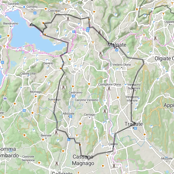 Mapa miniatúra "Trasa okolo jazera Varese" cyklistická inšpirácia v Lombardia, Italy. Vygenerované cyklistickým plánovačom trás Tarmacs.app