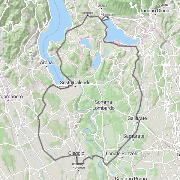 Map miniature of "Scenic Road Cycling around Gavirate and Lake Varese" cycling inspiration in Lombardia, Italy. Generated by Tarmacs.app cycling route planner