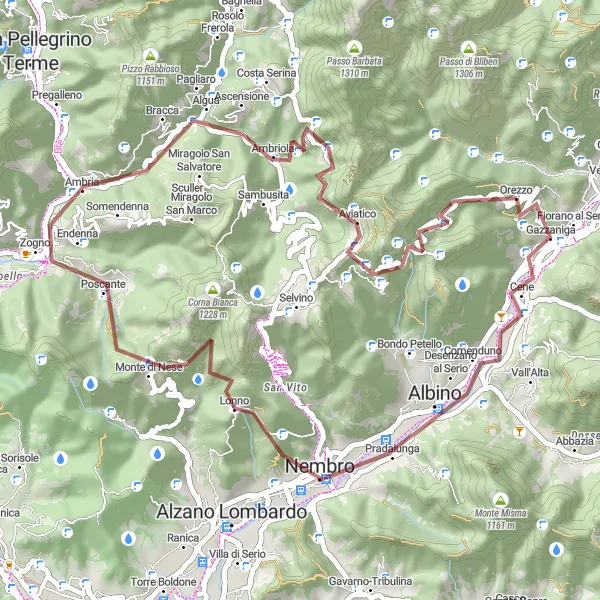 Miniaturní mapa "Cyklistická trasa Albino - Monte Podona - Zogno - Bracca - Monte Cornagera" inspirace pro cyklisty v oblasti Lombardia, Italy. Vytvořeno pomocí plánovače tras Tarmacs.app