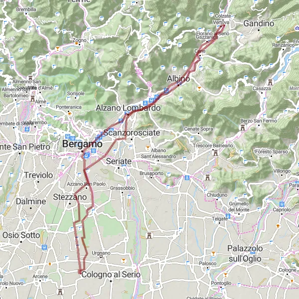 Zemljevid v pomanjšavi "Gravel kolesarska pot Alzano Lombardo - Monte Cloca" kolesarske inspiracije v Lombardia, Italy. Generirano z načrtovalcem kolesarskih poti Tarmacs.app