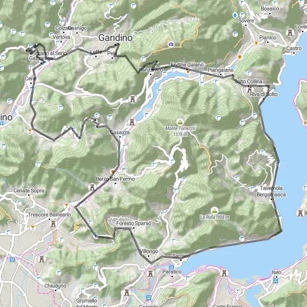 Mapa miniatúra "Pestrá cyklotrasa okolo Lombardských jazier" cyklistická inšpirácia v Lombardia, Italy. Vygenerované cyklistickým plánovačom trás Tarmacs.app