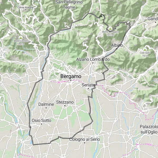 Map miniature of "Road Adventure: Albino to Monte Cornagera" cycling inspiration in Lombardia, Italy. Generated by Tarmacs.app cycling route planner