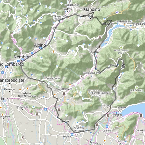 Miniatura mapy "Trasa szosowa z Gazzaniga przez Leffe i Grumello del Monte" - trasy rowerowej w Lombardia, Italy. Wygenerowane przez planer tras rowerowych Tarmacs.app