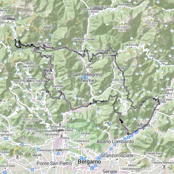 Map miniature of "Gazzaniga Epic Road Cycling Route" cycling inspiration in Lombardia, Italy. Generated by Tarmacs.app cycling route planner