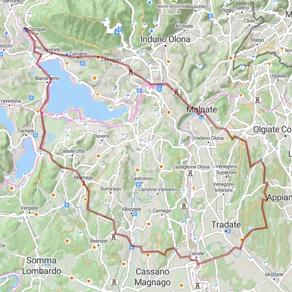 Map miniature of "Gravel Adventure to Lake Varese" cycling inspiration in Lombardia, Italy. Generated by Tarmacs.app cycling route planner
