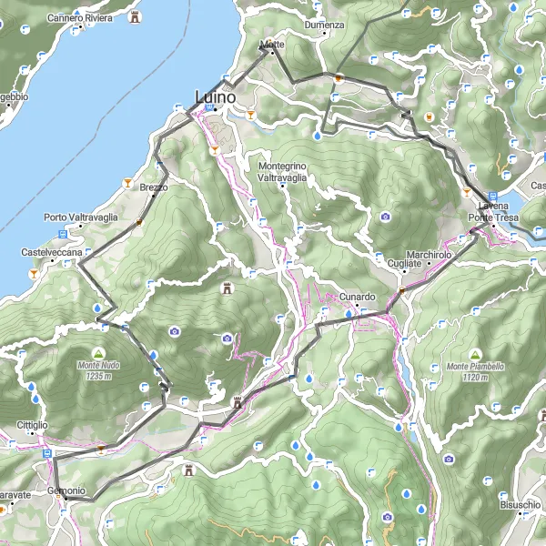 Miniatua del mapa de inspiración ciclista "Ruta escénica de ciclismo de carretera cerca de Gemonio" en Lombardia, Italy. Generado por Tarmacs.app planificador de rutas ciclistas