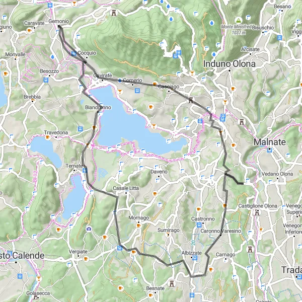 Miniaturní mapa "Cestování po silnici kolem jezera Varese" inspirace pro cyklisty v oblasti Lombardia, Italy. Vytvořeno pomocí plánovače tras Tarmacs.app