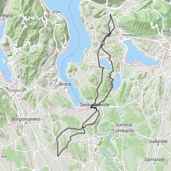 Map miniature of "From Gemonio to Monte Pelada and Brebbia" cycling inspiration in Lombardia, Italy. Generated by Tarmacs.app cycling route planner