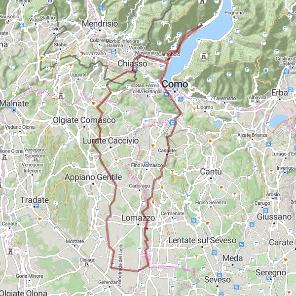 Miniatuurkaart van de fietsinspiratie "Avontuurlijke gravelroute van Fenegrò naar Rovellasca" in Lombardia, Italy. Gemaakt door de Tarmacs.app fietsrouteplanner