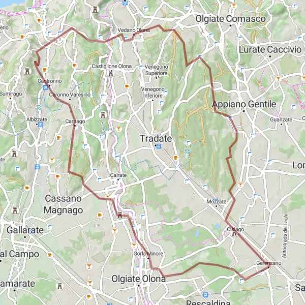 Mapa miniatúra "Gravel do Carnago a Monte Roncaccio" cyklistická inšpirácia v Lombardia, Italy. Vygenerované cyklistickým plánovačom trás Tarmacs.app