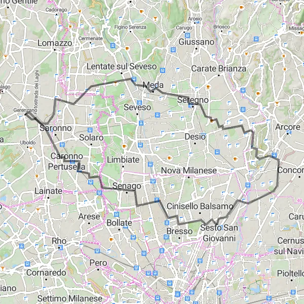 Map miniature of "Barlassina to Gerenzano Loop" cycling inspiration in Lombardia, Italy. Generated by Tarmacs.app cycling route planner