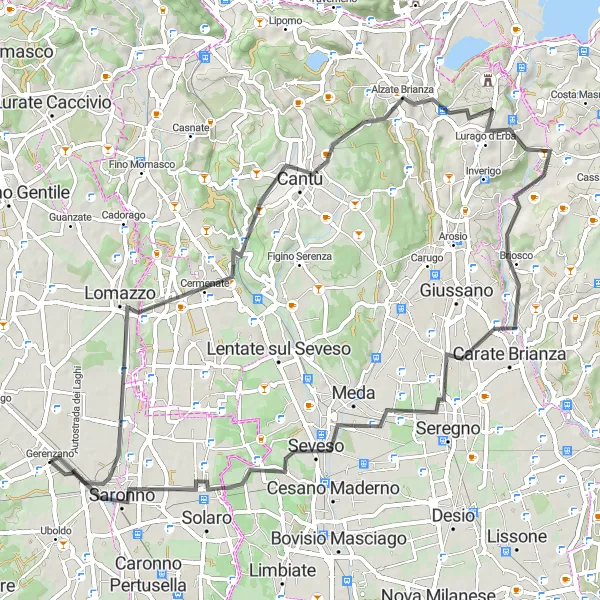 Kartminiatyr av "Runtur till Bregnano och Cantù" cykelinspiration i Lombardia, Italy. Genererad av Tarmacs.app cykelruttplanerare