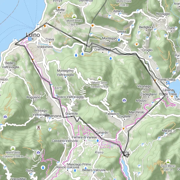 Miniatura della mappa di ispirazione al ciclismo "Avventura ciclistica sulle colline di Luino" nella regione di Lombardia, Italy. Generata da Tarmacs.app, pianificatore di rotte ciclistiche