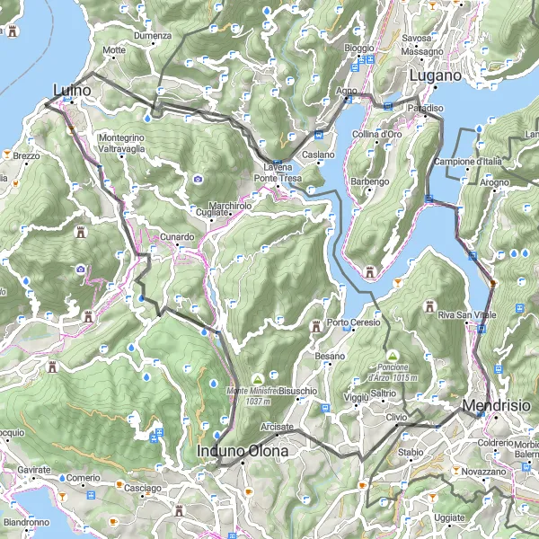 Map miniature of "Germignaga to Induno Olona Road Cycling Route" cycling inspiration in Lombardia, Italy. Generated by Tarmacs.app cycling route planner