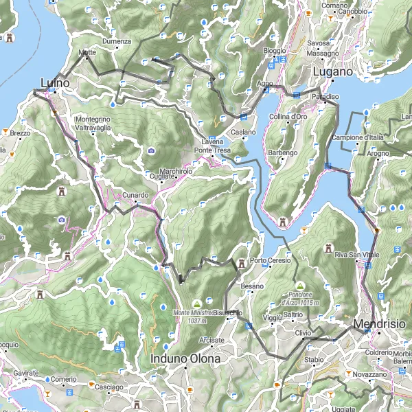 Map miniature of "Luino to Cunardo via Monte San Salvatore" cycling inspiration in Lombardia, Italy. Generated by Tarmacs.app cycling route planner