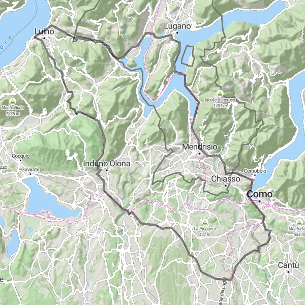 Map miniature of "Cremenaga to Bellagio via Monte San Giorgio" cycling inspiration in Lombardia, Italy. Generated by Tarmacs.app cycling route planner
