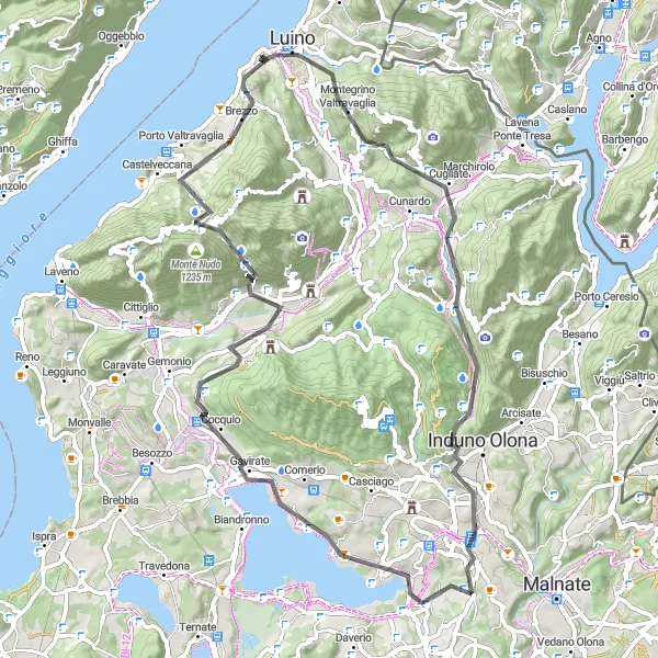 Miniatura della mappa di ispirazione al ciclismo "Giro in bicicletta intorno al Lago Varese" nella regione di Lombardia, Italy. Generata da Tarmacs.app, pianificatore di rotte ciclistiche