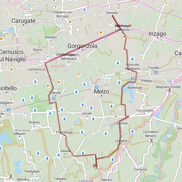 Mapa miniatúra "Gravel Cyklistika Gessate" cyklistická inšpirácia v Lombardia, Italy. Vygenerované cyklistickým plánovačom trás Tarmacs.app