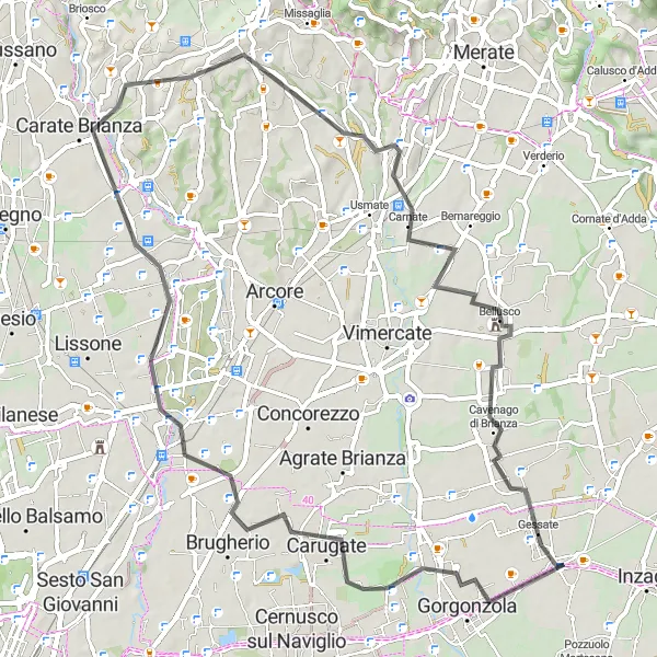 Miniaturní mapa "Cyklistická trasa okolo Gessate - Brugherio, Monza, Collinetta di Vedano, Besana in Brianza, Carnate" inspirace pro cyklisty v oblasti Lombardia, Italy. Vytvořeno pomocí plánovače tras Tarmacs.app