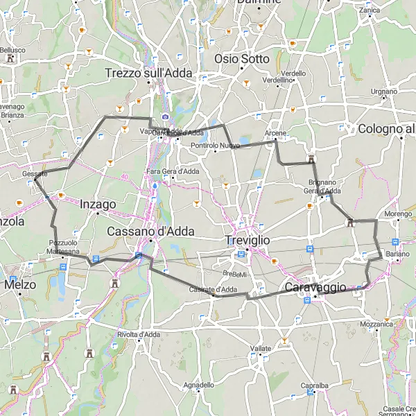Miniatura della mappa di ispirazione al ciclismo "Giro in bicicletta tra Brignano Gera d'Adda e Pozzuolo Martesana" nella regione di Lombardia, Italy. Generata da Tarmacs.app, pianificatore di rotte ciclistiche