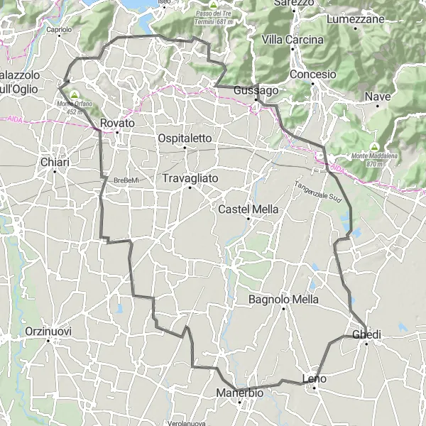 Miniatua del mapa de inspiración ciclista "Ruta desafiante de 112 km en carretera cerca de Ghedi" en Lombardia, Italy. Generado por Tarmacs.app planificador de rutas ciclistas