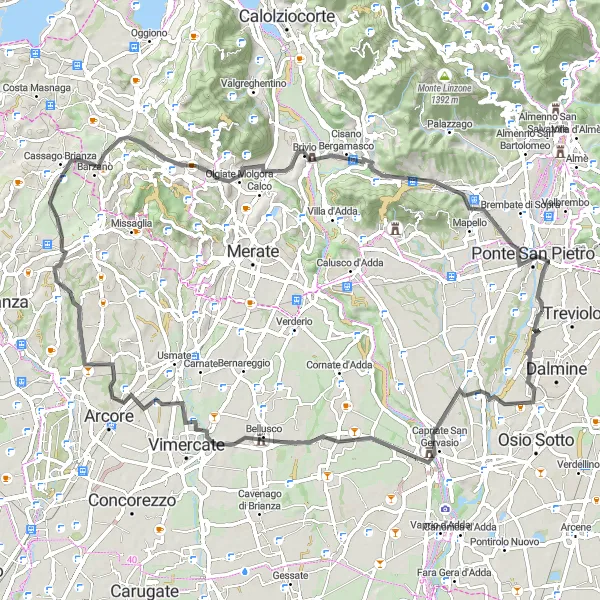 Miniatura della mappa di ispirazione al ciclismo "Cicloturismo tra Trezzo sull'Adda e Ponte San Pietro" nella regione di Lombardia, Italy. Generata da Tarmacs.app, pianificatore di rotte ciclistiche