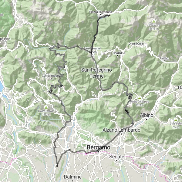 Karten-Miniaturansicht der Radinspiration "Bergamo und die umliegenden Dörfer entdecken" in Lombardia, Italy. Erstellt vom Tarmacs.app-Routenplaner für Radtouren