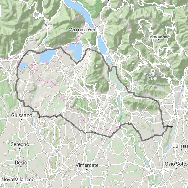 Miniaturní mapa "Silnice kolem jezera Como" inspirace pro cyklisty v oblasti Lombardia, Italy. Vytvořeno pomocí plánovače tras Tarmacs.app