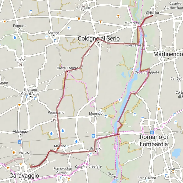 Miniatura della mappa di ispirazione al ciclismo "Percorso in sterrato attraverso Cascine Bruciate, Pagazzano, Cologno al Serio, Ghisalba" nella regione di Lombardia, Italy. Generata da Tarmacs.app, pianificatore di rotte ciclistiche