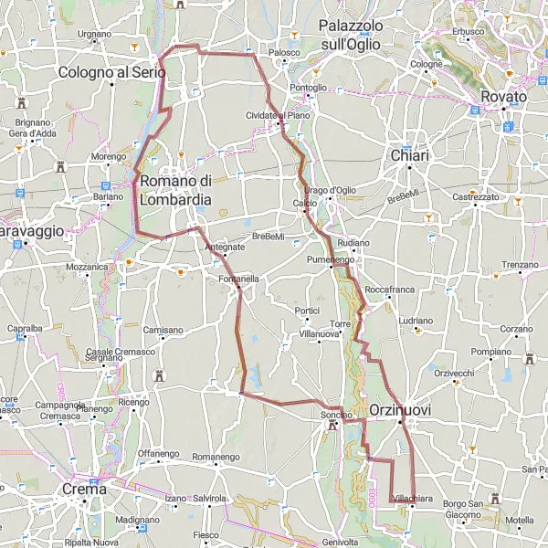 Kartminiatyr av "Eventyrlystne stier rundt Ghisalba" sykkelinspirasjon i Lombardia, Italy. Generert av Tarmacs.app sykkelrutoplanlegger