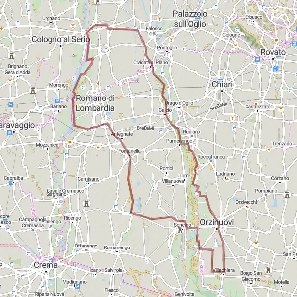 Miniatura della mappa di ispirazione al ciclismo "Itinerario Gravel Ghisalba - Cividate al Piano - Fontanella - Muratella - Ghisalba" nella regione di Lombardia, Italy. Generata da Tarmacs.app, pianificatore di rotte ciclistiche