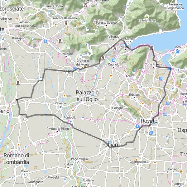 Miniatua del mapa de inspiración ciclista "Ruta Escénica por Grumello del Monte y Rovato" en Lombardia, Italy. Generado por Tarmacs.app planificador de rutas ciclistas