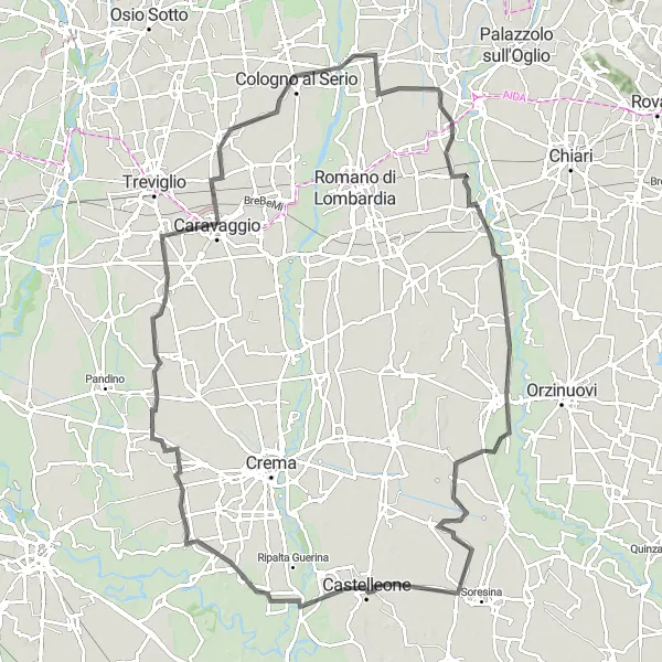 Miniatura della mappa di ispirazione al ciclismo "Itinerario Road Ghisalba - Cividate al Piano - Pumenengo - Castelleone - Moscazzano - Caravaggio - Cologno al Serio - Ghisalba" nella regione di Lombardia, Italy. Generata da Tarmacs.app, pianificatore di rotte ciclistiche