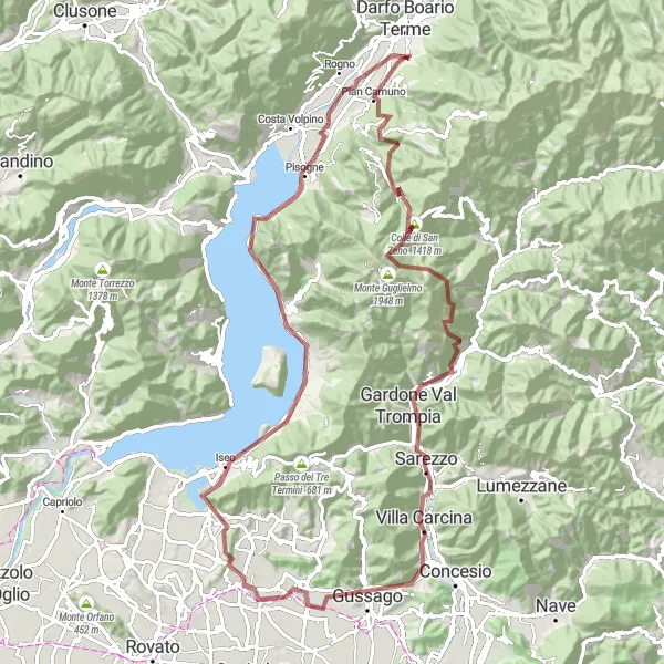 Zemljevid v pomanjšavi "Gorsko kolesarjenje ob jezeru Iseo" kolesarske inspiracije v Lombardia, Italy. Generirano z načrtovalcem kolesarskih poti Tarmacs.app