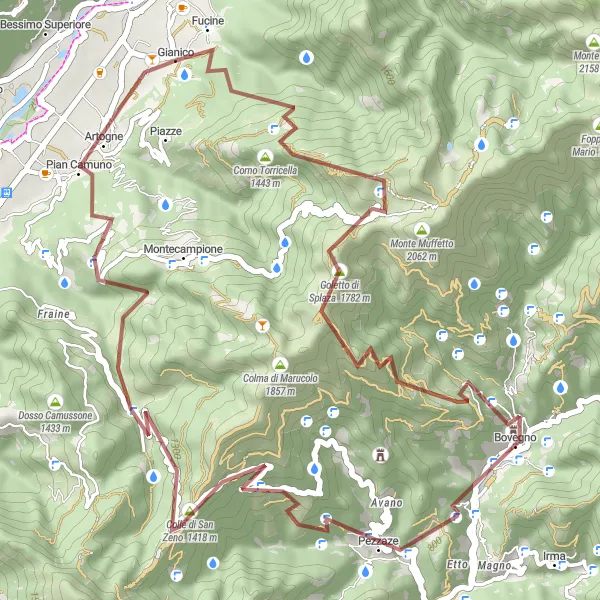 Zemljevid v pomanjšavi "Gravel Route Montecampione Adventure" kolesarske inspiracije v Lombardia, Italy. Generirano z načrtovalcem kolesarskih poti Tarmacs.app