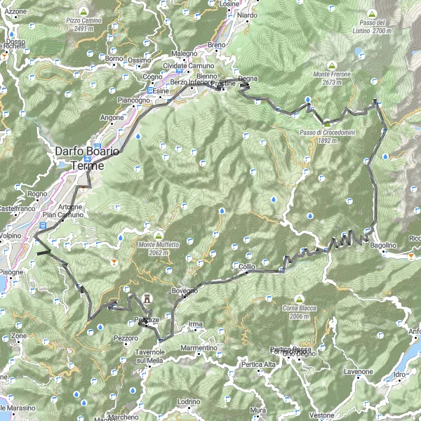 Mapa miniatúra "Náročná horská trasa cez Passo di Crocedomini" cyklistická inšpirácia v Lombardia, Italy. Vygenerované cyklistickým plánovačom trás Tarmacs.app