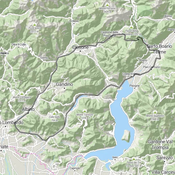 Miniatua del mapa de inspiración ciclista "Ruta de ciclismo de carretera de Gianico a Lovere y más allá" en Lombardia, Italy. Generado por Tarmacs.app planificador de rutas ciclistas
