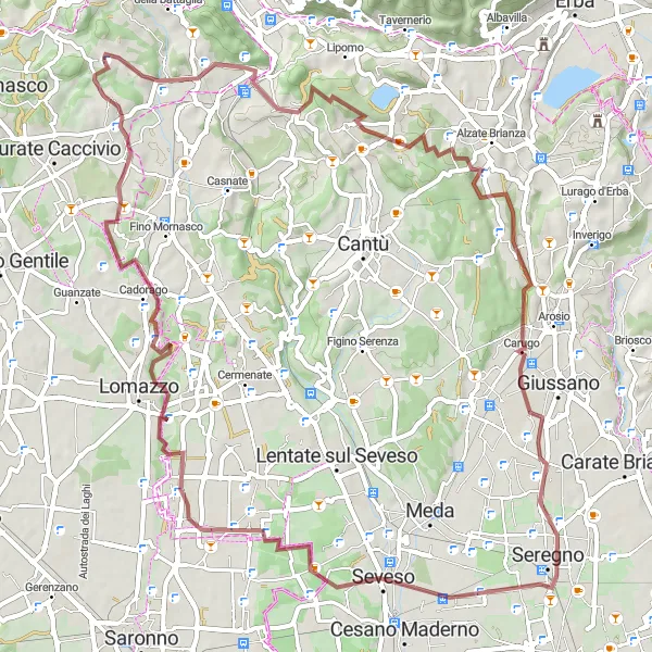 Mapa miniatúra "68 km gravel trasa okolo Gironico al Piano" cyklistická inšpirácia v Lombardia, Italy. Vygenerované cyklistickým plánovačom trás Tarmacs.app