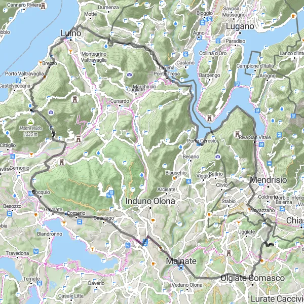 Mapa miniatúra "Okolo Monte Castelletto a Luino" cyklistická inšpirácia v Lombardia, Italy. Vygenerované cyklistickým plánovačom trás Tarmacs.app