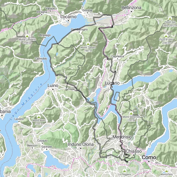 Map miniature of "Gironico al Piano - Lavena Ponte Tresa" cycling inspiration in Lombardia, Italy. Generated by Tarmacs.app cycling route planner