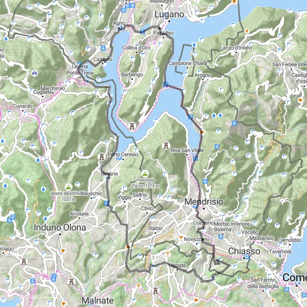 Miniatua del mapa de inspiración ciclista "Viaje Escénico por Monte San Giorgio y Monte San Salvatore" en Lombardia, Italy. Generado por Tarmacs.app planificador de rutas ciclistas