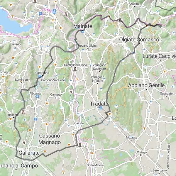Miniatura della mappa di ispirazione al ciclismo "Giro panoramico da Gironico al Piano" nella regione di Lombardia, Italy. Generata da Tarmacs.app, pianificatore di rotte ciclistiche