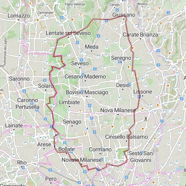 Karten-Miniaturansicht der Radinspiration "Gravelroute von Giussano nach Mariano Comense" in Lombardia, Italy. Erstellt vom Tarmacs.app-Routenplaner für Radtouren