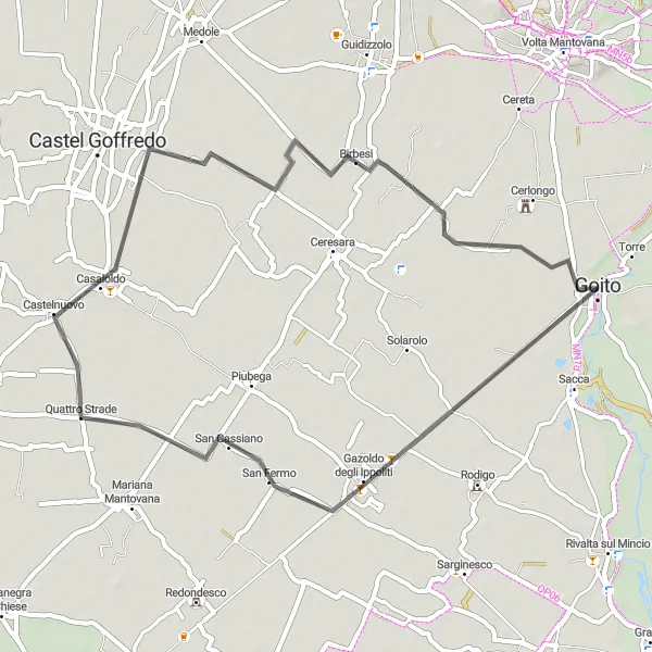 Map miniature of "Road Cycling Adventure to Gazoldo degli Ippoliti and Casaloldo" cycling inspiration in Lombardia, Italy. Generated by Tarmacs.app cycling route planner