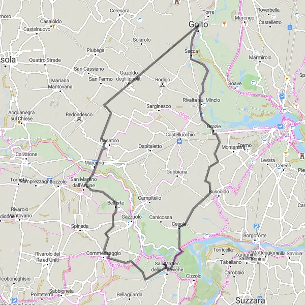 Mapa miniatúra "Cesole - Commessaggio - Gazoldo degli Ippoliti - Goito" cyklistická inšpirácia v Lombardia, Italy. Vygenerované cyklistickým plánovačom trás Tarmacs.app