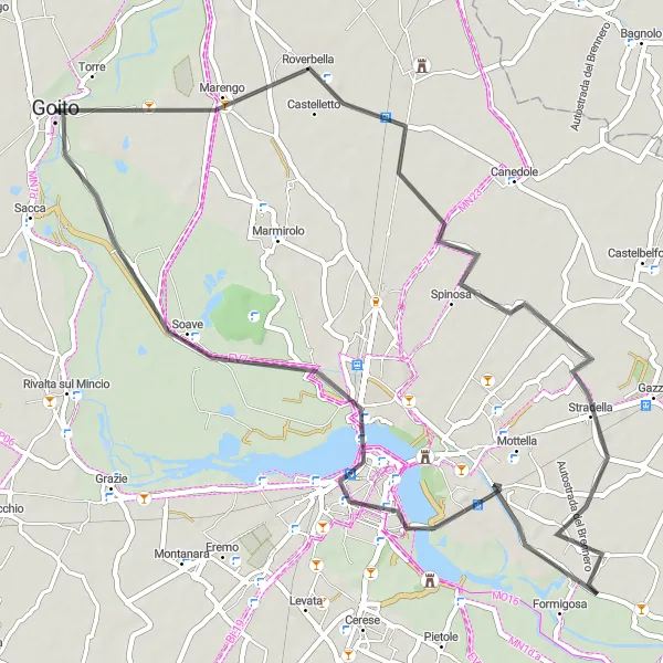 Karten-Miniaturansicht der Radinspiration "Fahrradtour nach Roverbella, Isola Fiori Loto und Mantua" in Lombardia, Italy. Erstellt vom Tarmacs.app-Routenplaner für Radtouren