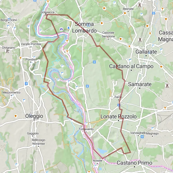 Map miniature of "Gravel Route near Golasecca" cycling inspiration in Lombardia, Italy. Generated by Tarmacs.app cycling route planner