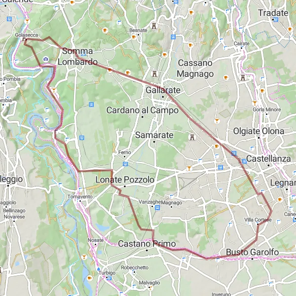 Zemljevid v pomanjšavi "Golasecca - Monte Belvedere Gravel Cycling Route" kolesarske inspiracije v Lombardia, Italy. Generirano z načrtovalcem kolesarskih poti Tarmacs.app