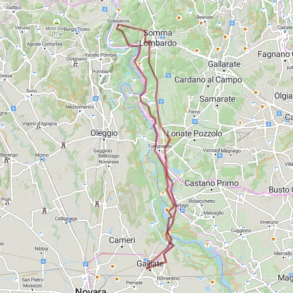Miniatua del mapa de inspiración ciclista "Ruta de Grava Golasecca - Castello Visconti di San Vito" en Lombardia, Italy. Generado por Tarmacs.app planificador de rutas ciclistas