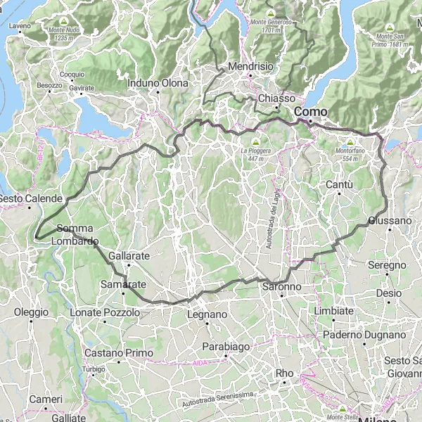 Map miniature of "Lake Maggiore and Ancient Hills" cycling inspiration in Lombardia, Italy. Generated by Tarmacs.app cycling route planner